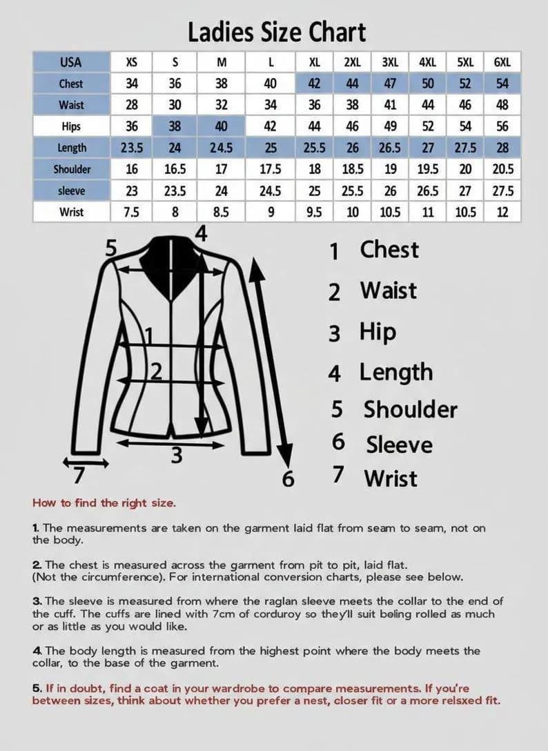 May include: A ladies' size chart with measurements in inches for chest, waist, hips, length, shoulder, sleeve, and wrist. Includes a diagram of a jacket with numbered measurement points and instructions on how to find the right size.