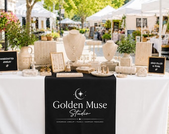 Camino de mesa con logotipo personalizado a todo color, mantel de lino personalizado para puestos de venta, ferias de artesanía, mercados y para la imagen de marca de pequeñas empresas.