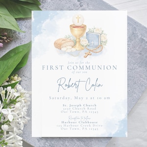 May include: A First Communion invitation with watercolor illustrations. The design features a golden chalice, bread, a rosary, and a Bible. The invitation text reads "Join us for the First Communion of our son Robert Colin."