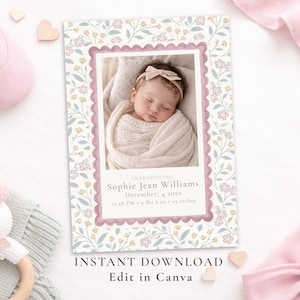 Pink Floral Birth Announcement Template: Baby Girl Photo Card (Digital Download)