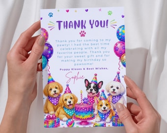 Tarjeta de agradecimiento para fiesta de cachorros, plantilla editable para cumpleaños de perros (descarga digital)