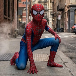 May include: A full-body Spider-Man costume featuring a red and blue spandex suit with a black web pattern, a matching full-head mask with large white eye lenses, and a small black spider emblem centered on the chest, worn in a crouched pose.