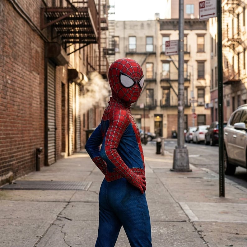 May include: A full-body Spider-Man costume featuring a vibrant red and blue color scheme with a detailed black web pattern across the red sections. The suit includes a matching full-head mask with large white eye lenses and a textured fabric finish.