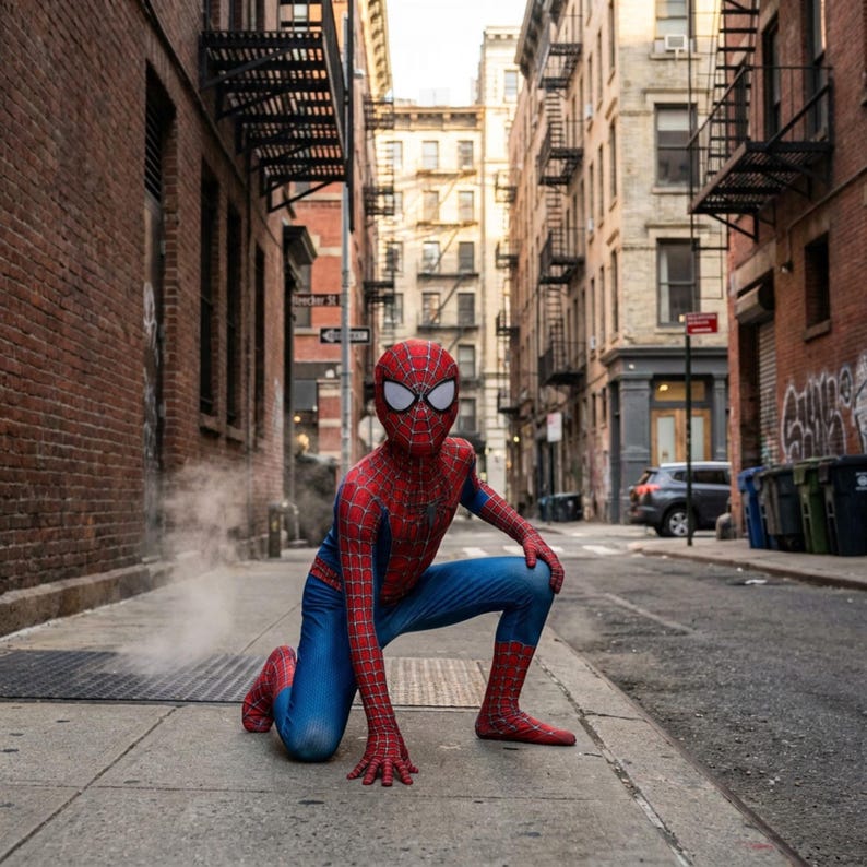 May include: A full-body Spider-Man costume featuring a red and blue spandex suit with a black web pattern, a matching full-head mask with large white eye lenses, and a small black spider emblem centered on the chest, worn in a crouched pose.