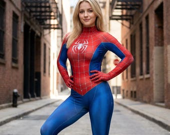 Spider Women Costume Bodysuit – Red Blue Web Hero Jumpsuit, Female Cosplay Outfit, Superhero Suit, Comic Con Costume