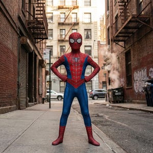 May include: A full-body Spider-Man costume featuring a red and blue color scheme with a black web pattern overlay. The suit includes a matching full-head mask with large white eye lenses and a small black spider emblem centered on the chest area.