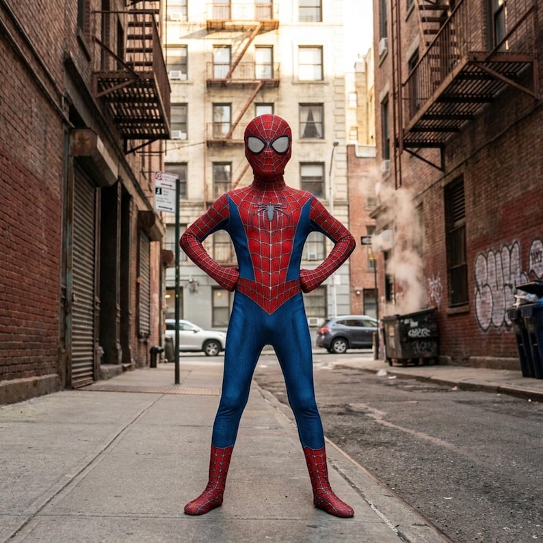 May include: A full-body Spider-Man costume featuring a red and blue color scheme with a black web pattern overlay. The suit includes a matching full-head mask with large white eye lenses and a small black spider emblem centered on the chest area.
