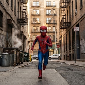 May include: A full-body red and blue superhero costume featuring a black spider web pattern across the chest and arms, a matching full-face mask with large white eye lenses, and red boots, worn by a person running down a city alleyway.