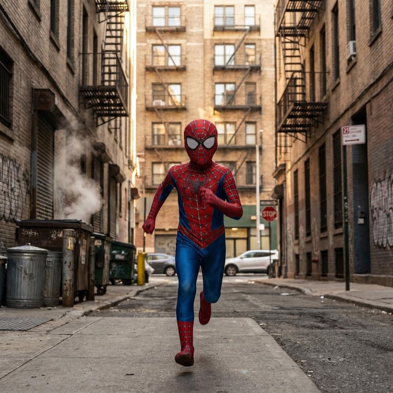 May include: A full-body red and blue superhero costume featuring a black spider web pattern across the chest and arms, a matching full-face mask with large white eye lenses, and red boots, worn by a person running down a city alleyway.