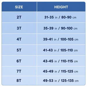 May include: A light blue size chart table with white text and borders. The left column lists sizes 2T through 8T. The right column displays corresponding height ranges in inches from 31-35 inches up to 49-53 inches for each specific size.