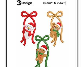 Christmas Bow Embroidery Designs Set, Snowman Teddy Bear Gingerbread Machine Embroidery Files, Coquette Bow Holiday Pattern, PES DST