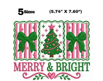 Coquette Christmas Embroidery Design, Pink Bow Christmas Tree Machine Embroidery Pattern, Merry Bright Holiday File, Instant Download