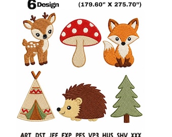 Woodland Animals Embroidery Bundle, Deer Fox Hedgehog Mushroom Tree (Digital Download)