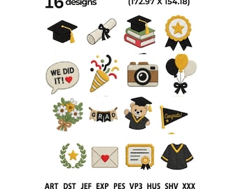 16 Graduation Embroidery Designs Bundle, Cap, Diploma, Teddy Bear (Digital Download)