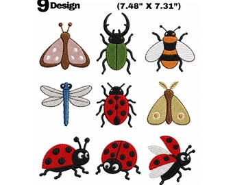 9 Insect Embroidery Designs Bundle, Ladybug, Bee, Dragonfly, Beetle, Moth (Digital Download)