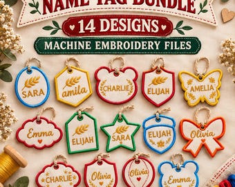 Personalized Name Tag Embroidery Bundle, 14 Machine Embroidery Designs, Name Tag PES DST EXP VP3, Kids Backpack & Gift Tags
