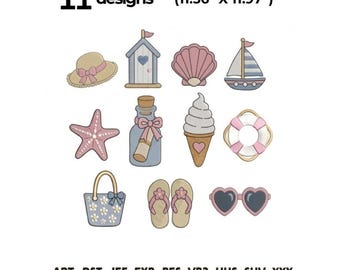 Mini Beach Embroidery Bundle, 11 Summer Coastal Icons (Digital Download)