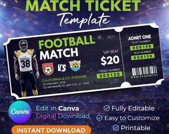 Bearbeitbare Fußball Spiel Ticket Vorlage - Canva Sport Event Design (Digitaler Download)