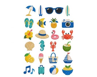 Coastal Summer Embroidery Bundle, 24 Tropical Icons (Digital Download)