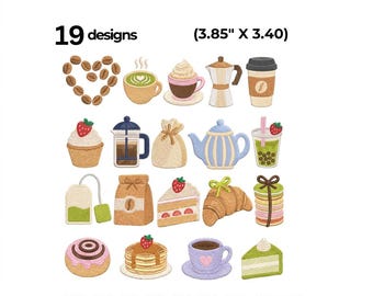 19 Coffee Matcha Embroidery Designs Bundle, Cafe Drinks, Desserts (Digital Download)