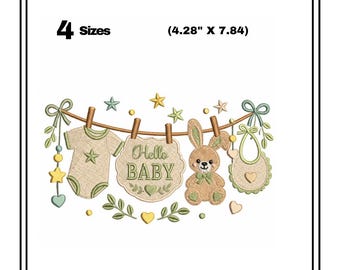 Hello Baby Embroidery Design, Bunny Baby Shower Pattern (Digital Download)