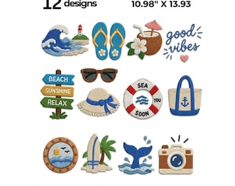 Summer Beach Embroidery Bundle, Coastal Ocean Designs (Digital Files)