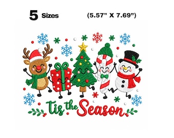 Tis the Season Christmas Embroidery Design, Reindeer Snowman Tree (Digital Download)