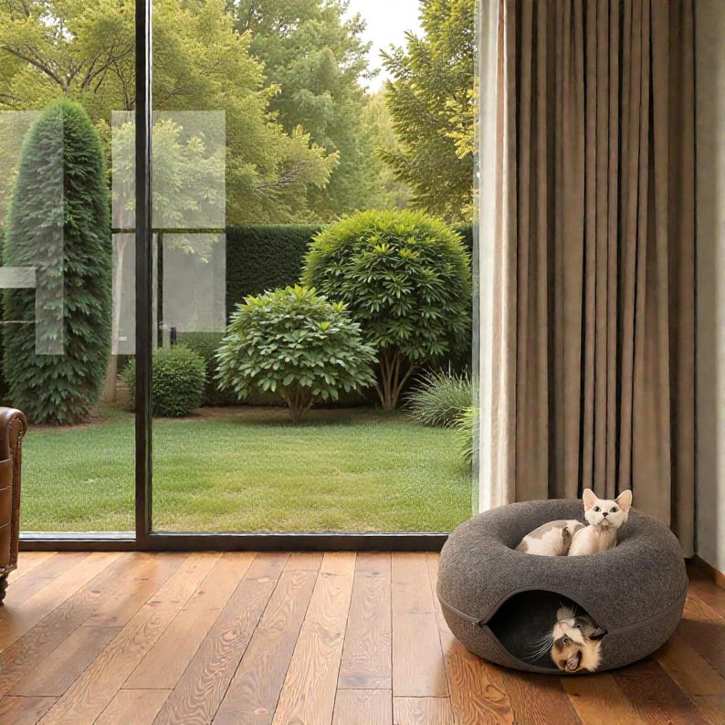 May include: A gray, donut-shaped pet bed with two small dogs inside. One dog is visible in the opening, and the other is resting on top. The bed is on a hardwood floor, with a large window and outdoor greenery in the background.