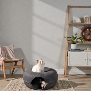 May include: A gray cat bed with a round shape and a zippered opening. Two cats are inside the bed, one looking up from the top and the other peeking out from the opening. The bed is on a patterned rug.