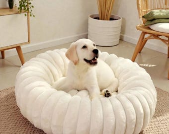 Round Plush Dog Bed Soft Donut Pet Bed Calming Cushion