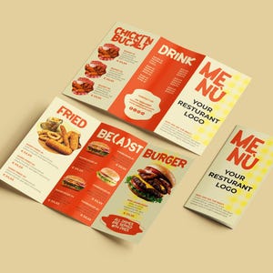 Può includere: Brochure del menu del ristorante a tre ante con schema di colori rosso e crema. Il menu presenta sezioni per secchielli di pollo, bevande, cibi fritti e hamburger. Il menu include anche il testo "ME NU" e "YOUR RESTURANT LOGO".