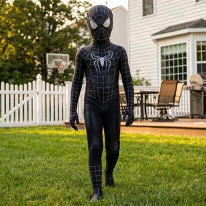 Op de afbeelding: Een zwart Spider-Man-kostuum met een wit spinnenembleem op de borst. Het volledige pak heeft een webpatroon en een bijpassend masker. Het kostuum wordt gedragen op een grasveld voor een wit huis.