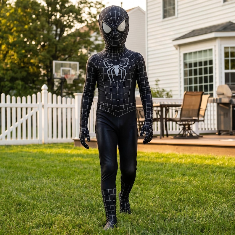 Op de afbeelding: Een zwart Spider-Man-kostuum met een wit spinnenembleem op de borst. Het volledige pak heeft een webpatroon en een bijpassend masker. Het kostuum wordt gedragen op een grasveld voor een wit huis.