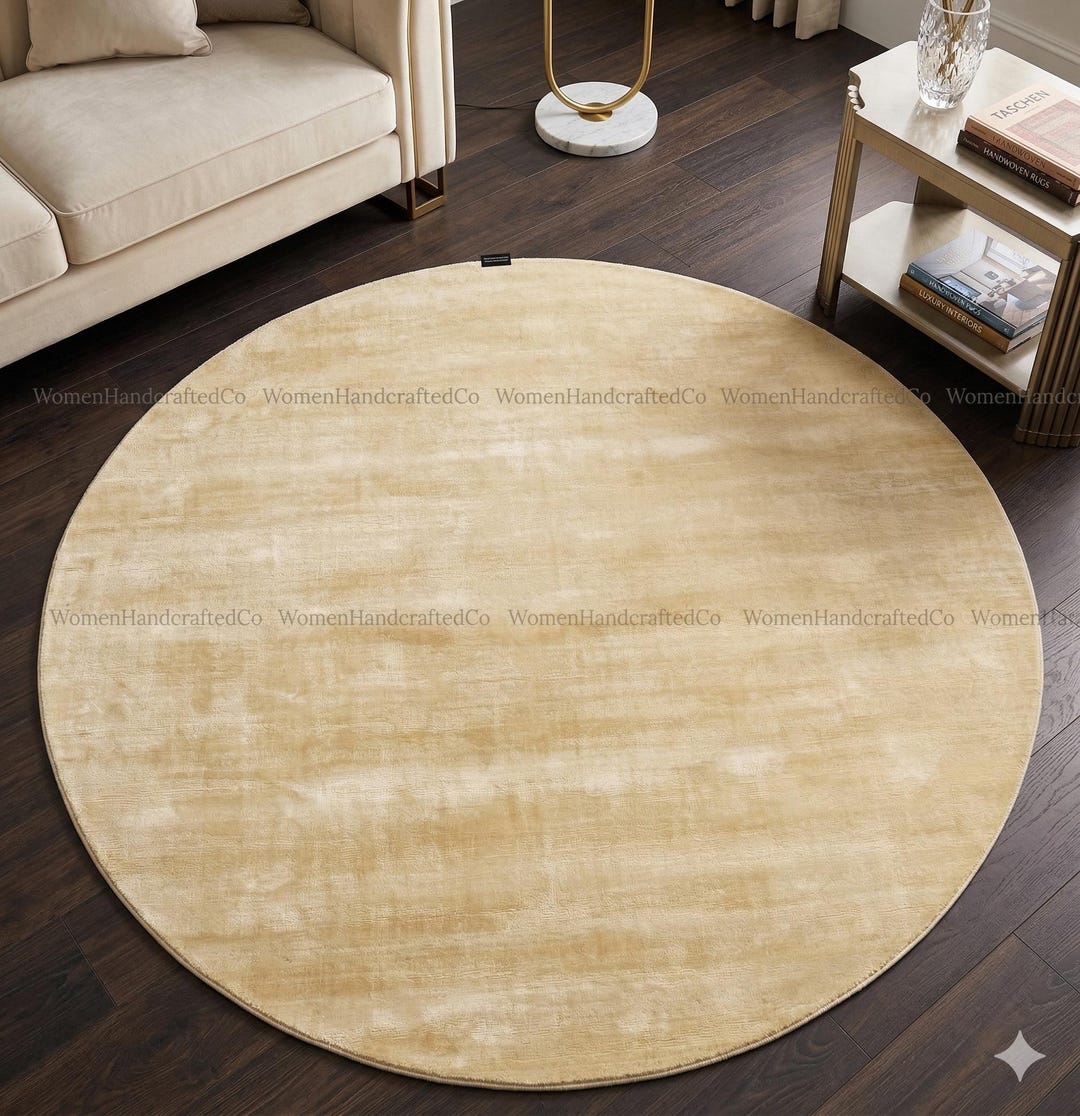 Handloom Tip Sheared Viscose Round Rug Solid Cream Beige Ultra Soft ...
