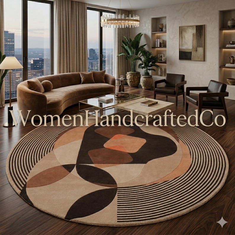 Hand Tufted Round New Zealand Wool Rug Abstract Geometric Earth Tone ...