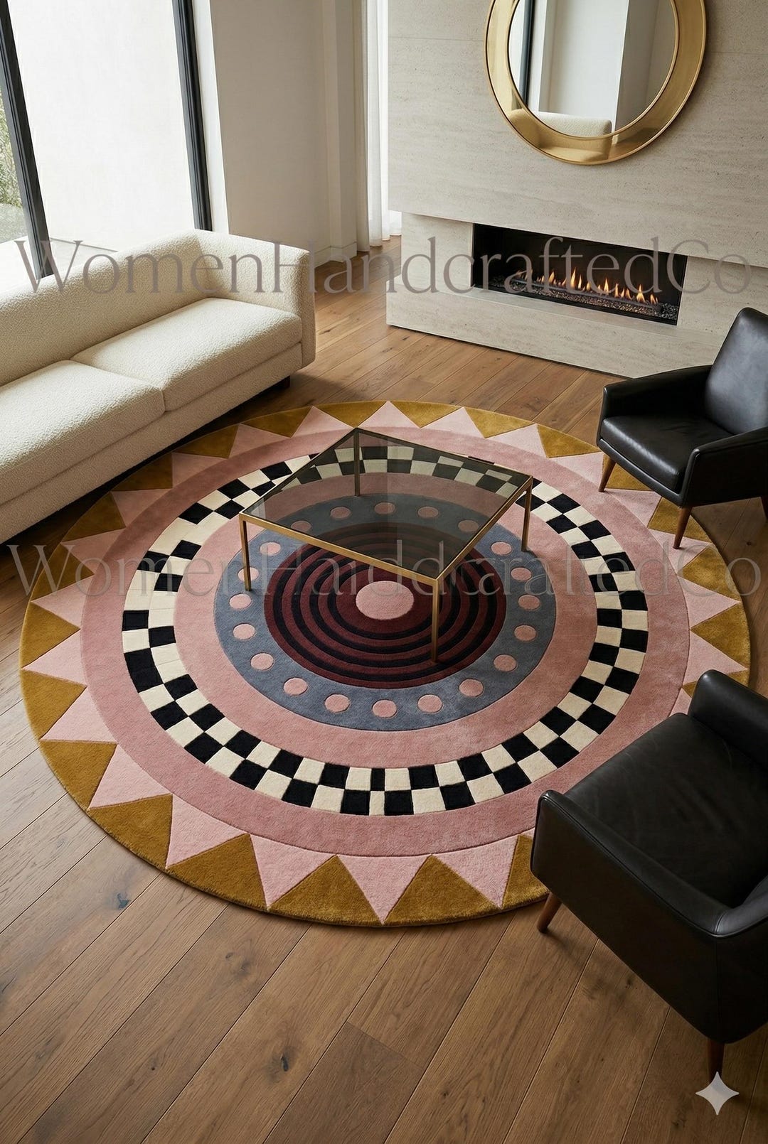 Large Art Deco Hand-tufted New Zealand Wool Round Rug Geometric Area ...