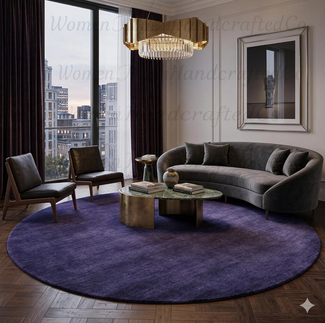 Purple Roung Rug Handloom Solid Royal Purple Round Rug Modern Handwoven Carpet Luxurious ...