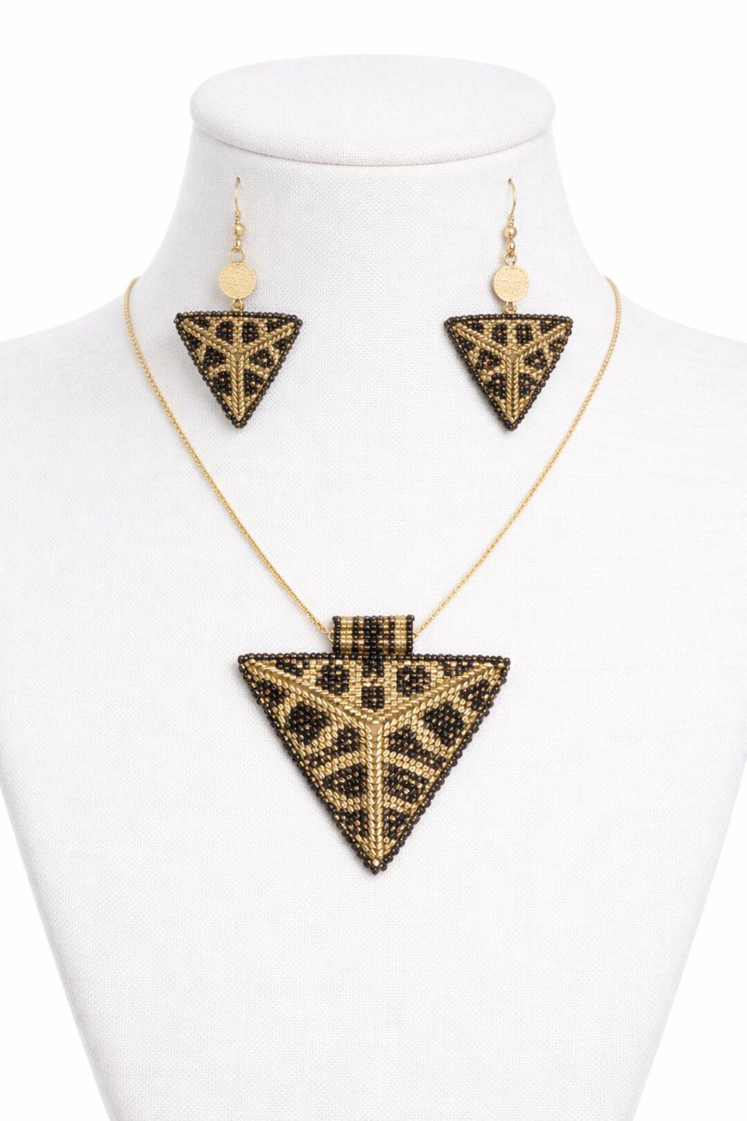 Triangular Jewellery Gold Black Beaded Triangle Jewelry Set, Handmade Miyuki Necklace ...