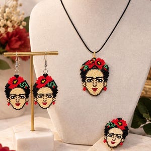 Handmade Frida Kahlo Miyuki Glass Beaded Jewelry Set, Necklace Earrings and Brooch