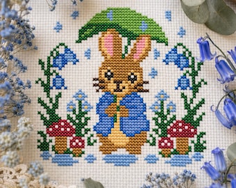 Regnerischer Tag Kaninchen Kreuzstich Stickmuster, Peter Rabbit inspiriert