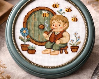 Entspannendes Bilbo Kreuzstichmuster | Hobbit inspirierte Stickerei (Digitale PDF-,svg-,fcjson-,oxs-Dateien)