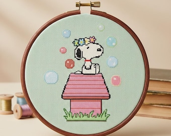 Snoopy Kreuzstichmuster | Erdnuss-inspirierte Stickdatei, Retro, 60's, Pastell (Digitales PDF)