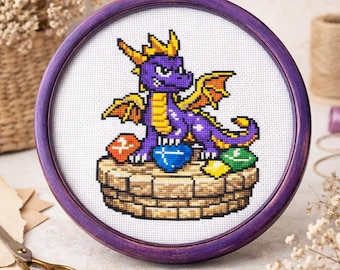 Spiro der Drache Kreuzstichmuster | Stickerei Stickmuster, Retro, 90er, Anfänger freundlich (Digitales PDF)