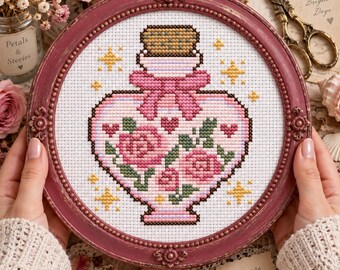 Patrón de punto de cruz de poción de amor de bruja, bordado estilo cottagecore rosa (descarga digital)