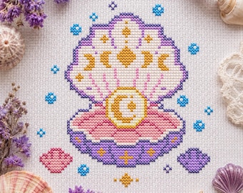 Kreuzstichmuster „Himmlische Perlmuttmuschel“ | Verspieltes Ozean-Design (Digitaler Download)