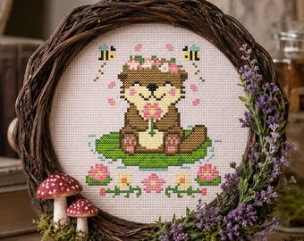 Otter Kreuzstichmuster - Cottagecore Blumenkrone, Tier, Stickdatei