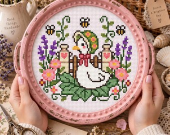 Flower Goose Cross Stitch Pattern, Cottagecore Embroidery, Spring Garden (Digital Download)