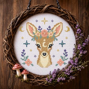 Celestial Floral Deer Cross Stitch Pattern | Woodland Embroidery (Digital Download)