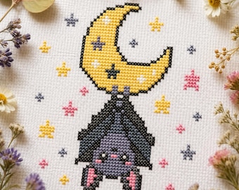 Fledermaus Halbmond Kreuzstichmuster - Kawaii Gothic Sterne (Digitaler Download)