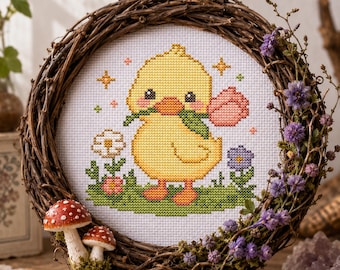 Patrón de punto de cruz de patito primaveral: patito bebé estilo cottagecore con flor (descarga digital)